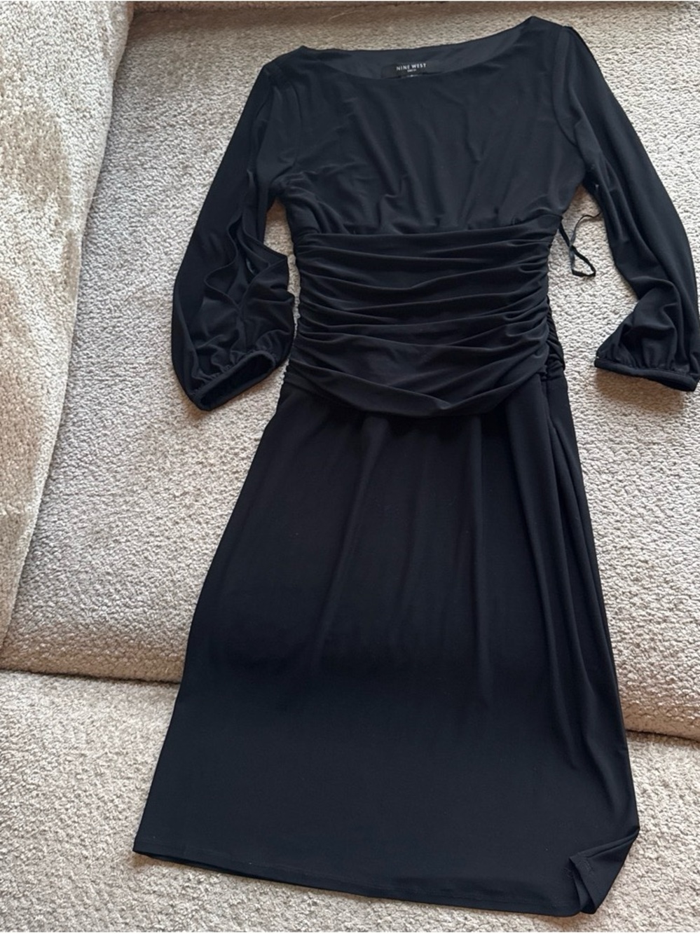 Nine West Black Ruched Waist Long Sleeve Midi Dress